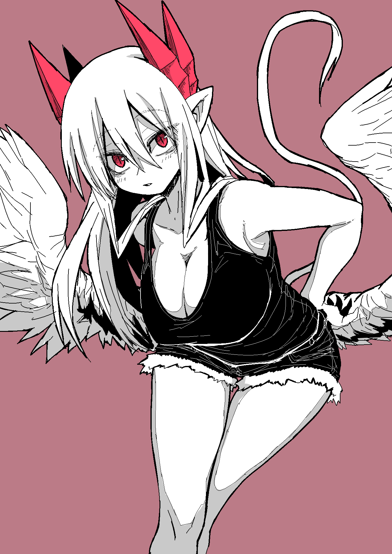 1girl breasts demon_girl demon_wings denim denim_shorts feathered_wings highres juugoya_(zyugoya) large_breasts lorem_(musuko_ga_kawaikute_shikatanai_mazoku_no_hahaoya) musuko_ga_kawaikute_shikatanai_mazoku_no_hahaoya pointy_ears red_eyes shorts simple_background tank_top wings