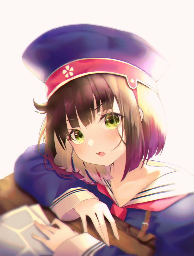 1girl backlighting bangs blue_headwear blue_shirt brown_hair commentary eyebrows_visible_through_hair girls_frontline green_eyes grey_background hat long_sleeves looking_at_viewer parted_lips red_neckwear sailor_collar shirt short_hair simple_background sleeves_past_wrists solo symbol_commentary type_4_(girls_frontline) upper_body v-shaped_eyebrows white_sailor_collar zain_(jiha3905)