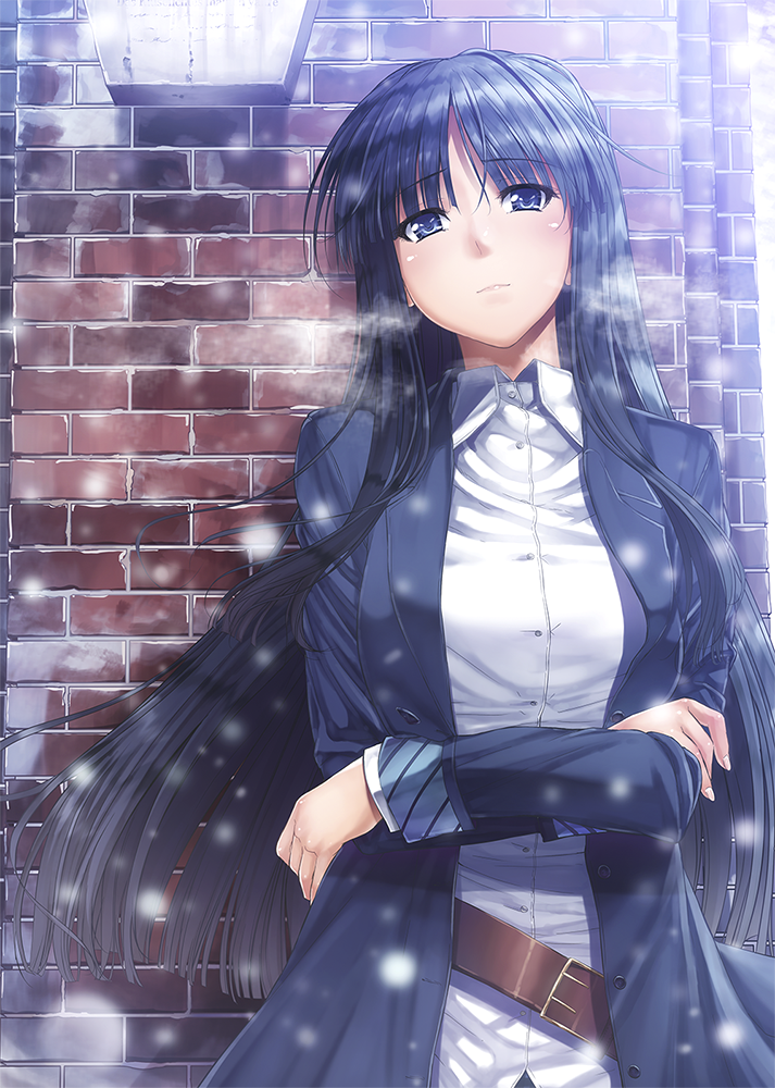 1girl against_wall bangs belt belt_buckle black_coat black_hair blue_eyes brown_belt buckle closed_mouth coat collared_shirt crossed_arms day eyebrows_visible_through_hair floating_hair head_tilt long_hair long_sleeves looking_at_viewer mikuni_mizuki open_clothes open_coat outdoors shirt snowing solo standing straight_hair touma_kazusa upper_body very_long_hair white_album_2 white_shirt wing_collar