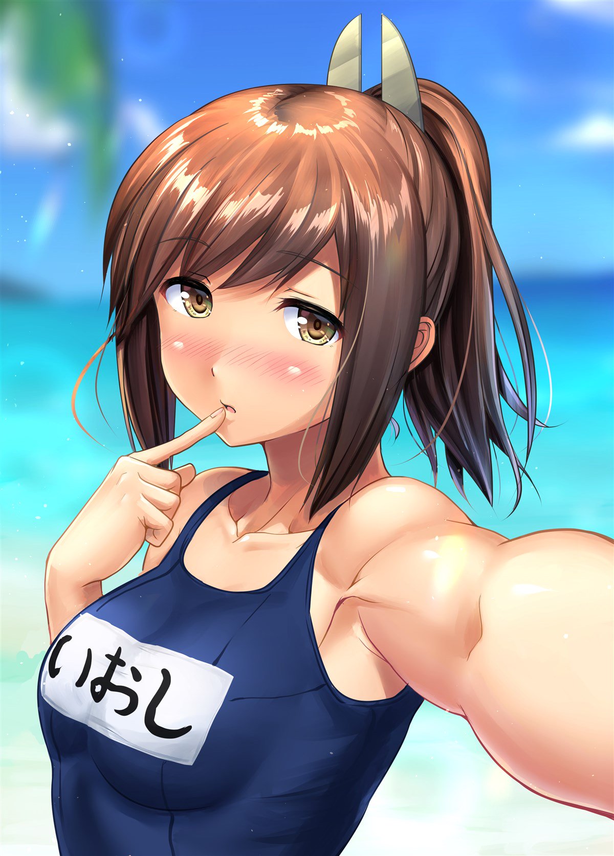 1girl armpits bare_shoulders beach blue_sky blue_swimsuit blurry blurry_background blush breasts brown_eyes brown_hair character_name collarbone day eyebrows_visible_through_hair finger_to_mouth hair_ornament hairclip highres i-401_(kantai_collection) ichikawa_feesu kantai_collection medium_breasts name_tag open_mouth outdoors ponytail reaching_out school_swimsuit short_hair sky solo swimsuit tan upper_body