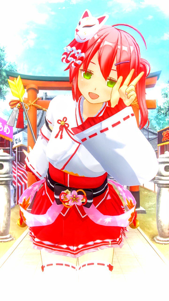 1girl ahoge alipas_d alternate_costume bangs bell blue_sky cherry_blossoms flower fox_mask green_eyes hair_ornament highres hololive japanese_clothes leaf long_sleeves mask medium_hair miko miniskirt open_mouth outdoors pink_hair sakura_miko side_ponytail skirt sky smile solo stall thigh-highs v virtual_youtuber w wide_sleeves zettai_ryouiki