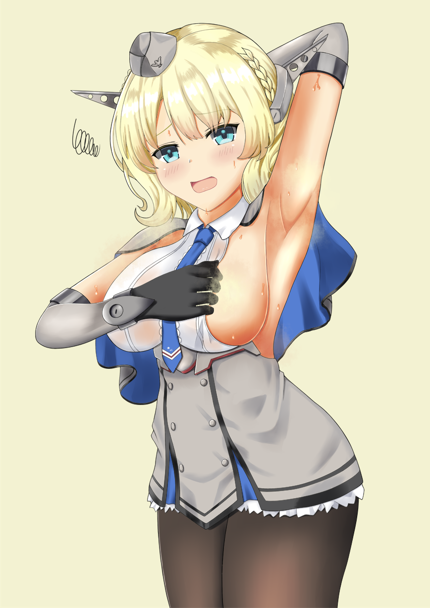 1girl armpit_peek beige_background black_gloves black_legwear blonde_hair blue_eyes blue_neckwear breasts capelet colorado_(kantai_collection) commentary_request dress elbow_gloves garrison_cap gloves grey_dress grey_headwear hat headgear highres kantai_collection large_breasts leaning_forward looking_at_viewer necktie pantyhose pleated_dress shirt short_hair side_braids sideboob simple_background sleeveless solo squiggle tomohiro_(duo) white_shirt
