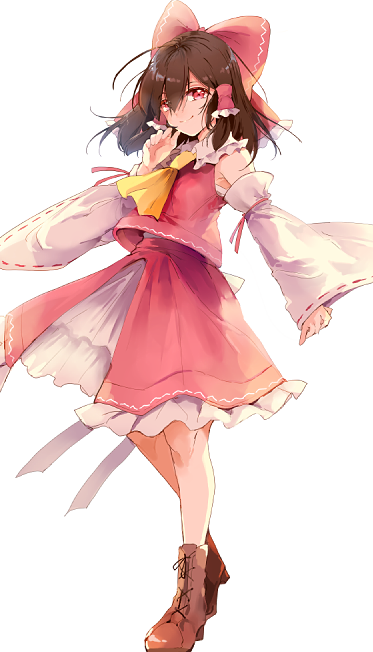 1girl azuma_aya boots bow brown_hair detached_sleeves frills hair_between_eyes hair_ribbon hair_tubes hakurei_reimu hand_on_own_face japanese_clothes miko nontraditional_miko red_bow red_eyes red_skirt ribbon sidelocks skirt smile touhou white_background yellow_neckwear