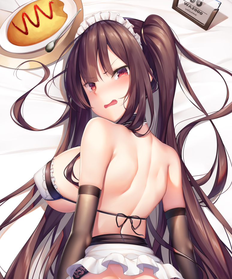 alternate_costume bangs bare_shoulders blush breasts bridal_gauntlets brown_gloves character_name choker enmaided eyebrows_visible_through_hair food from_above garter_belt girls_frontline gloves hair_ribbon large_breasts long_hair looking_at_viewer maid maid_bikini maid_headdress omurice one_side_up open_mouth pupupu_(1053378452) purple_hair red_eyes ribbon skindentation solo tsurime v-shaped_eyebrows very_long_hair wa2000_(girls_frontline)