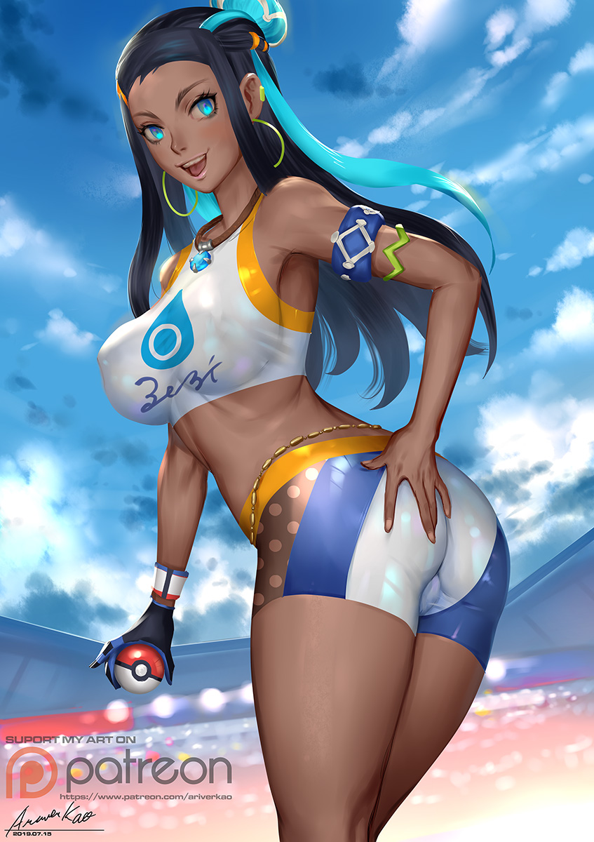 1girl ariverkao armlet ass belly_chain black_hair blue_eyes blue_sky blurry blurry_background breasts dark_skin day earrings eyeliner eyeshadow forehead from_behind gloves hair_bun hand_on_own_ass highres holding holding_poke_ball hoop_earrings impossible_clothes jewelry large_breasts looking_at_viewer looking_back makeup midriff multicolored_hair necklace open_mouth partly_fingerless_gloves poke_ball pokemon pokemon_(game) pokemon_swsh rurina_(pokemon) single_glove sky solo sportswear swimsuit tankini two-tone_hair