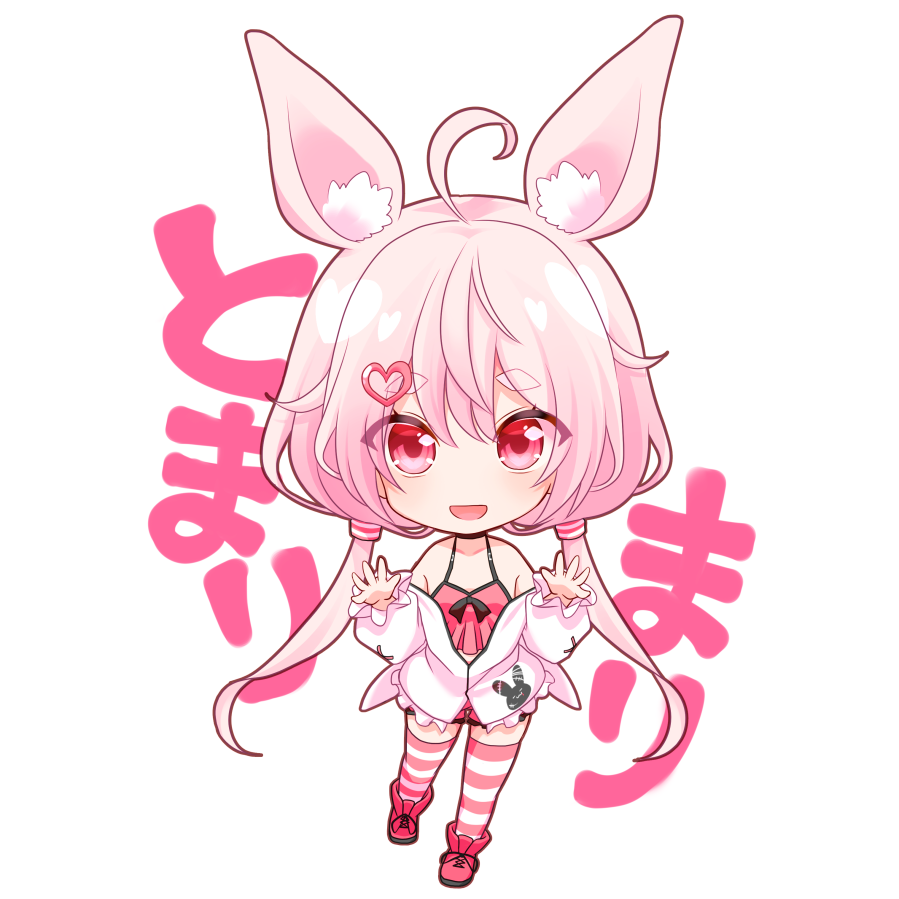 1girl ahoge animal_ear_fluff animal_ears arms_up boots camisole chibi choker full_body hair_ornament hairclip jacket long_hair low_twintails nyokkiiiiin off_shoulder open_mouth pink_eyes pink_hair rabbit_ears red_camisole red_footwear red_shorts short_shorts shorts smile solo striped striped_legwear thigh-highs tomari_mari tomari_mari_channel twintails waving white_jacket