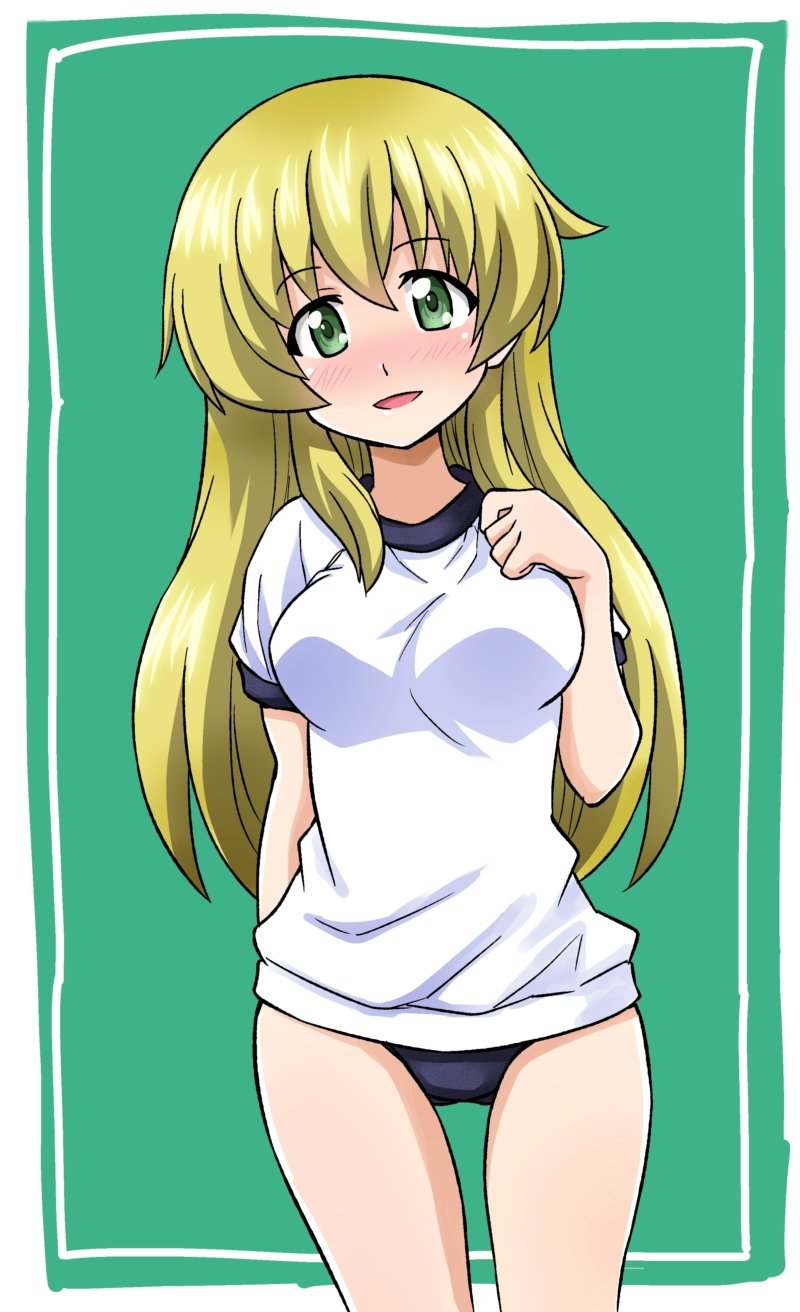 1girl arm_behind_back bangs blonde_hair blue_buruma blush buruma carpaccio commentary cowboy_shot eyebrows_visible_through_hair girls_und_panzer green_background green_eyes gym_shirt gym_uniform hand_on_own_chest highres ken_(haresaku) long_hair looking_at_viewer open_mouth outside_border shirt smile solo standing t-shirt thighs white_shirt