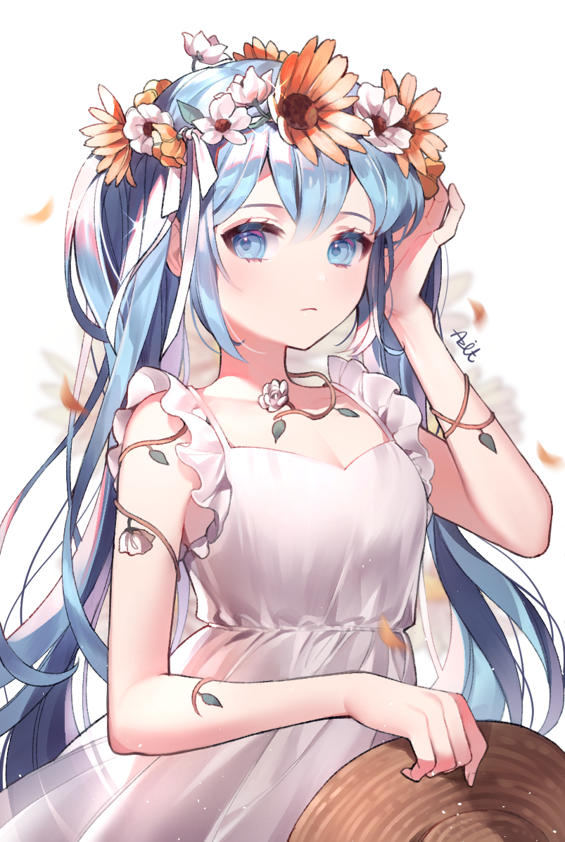 1girl artist_name azit_(down) blue_eyes blue_hair dress flower hat hat_removed hatsune_miku head_wreath headwear_removed holding holding_hat long_hair looking_at_viewer solo twintails upper_body vocaloid white_background white_dress