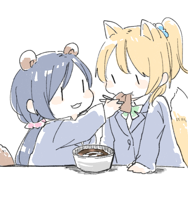 2girls :3 :t aburaage animal_ears arm_support ayase_eli blazer blonde_hair blue_jacket blue_scrunchie blush_stickers chibi chopsticks doma_(domani) eating eye_contact food food_in_mouth fox_ears fox_tail from_side green_neckwear green_ribbon hair_ornament hair_scrunchie hand_up holding holding_chopsticks jacket kemono_friends kitsune_udon long_hair long_sleeves looking_at_another love_live! love_live!_school_idol_project low_twintails multiple_girls neck_ribbon otonokizaka_school_uniform pink_scrunchie ponytail purple_hair raccoon_ears raccoon_tail ribbon school_uniform scrunchie simple_background tail toujou_nozomi twintails udon upper_body white_background |_|