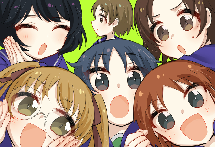 6+girls :d :o bangs black_hair blush bright_pupils brown_eyes brown_hair closed_eyes girls_und_panzer glasses kumasawa_(dkdkr) long_hair looking_at_viewer looking_to_the_side maruyama_saki multiple_girls ooarai_school_uniform oono_aya open_mouth rimless_eyewear sakaguchi_karina sawa_azusa school_uniform short_hair smile sweatdrop tongue twintails utsugi_yuuki v-shaped_eyebrows white_pupils yamagou_ayumi