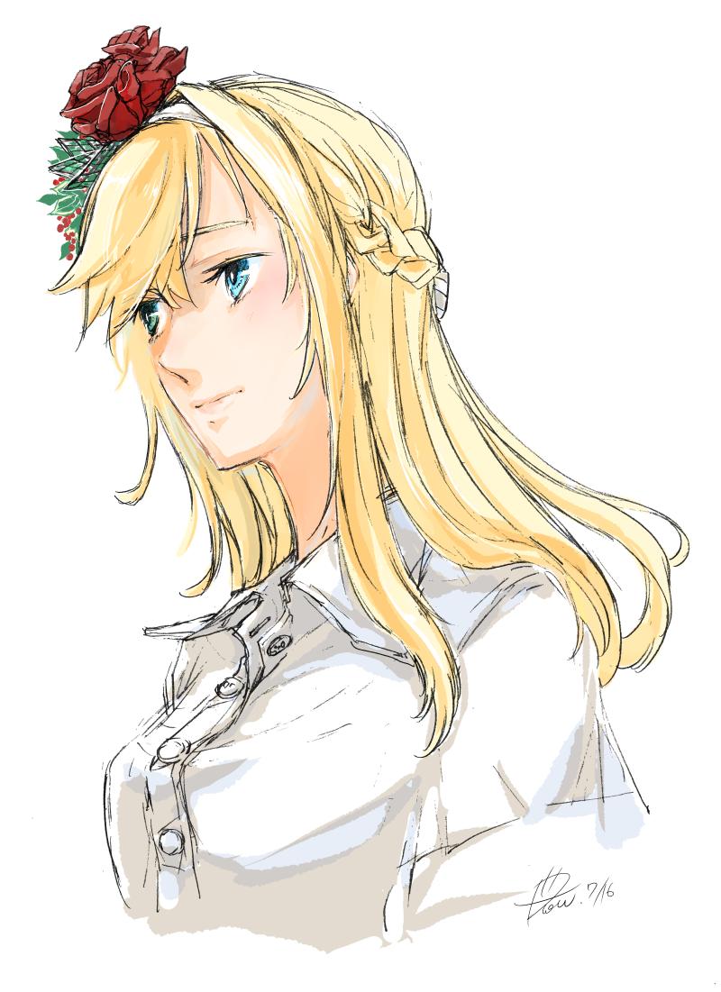 1girl 2019 alternate_costume bangs blonde_hair blue_eyes blush braid breasts buttons closed_mouth collared_shirt commentary_request cropped_torso flower french_braid hair_between_eyes hair_flower hair_ornament hair_over_shoulder hairband kantai_collection leaf long_hair looking_to_the_side red_flower red_rose ribbon rose shirt signature simple_background solo warspite_(kantai_collection) white_background white_hairband white_ribbon white_shirt yamada_rei_(rou)