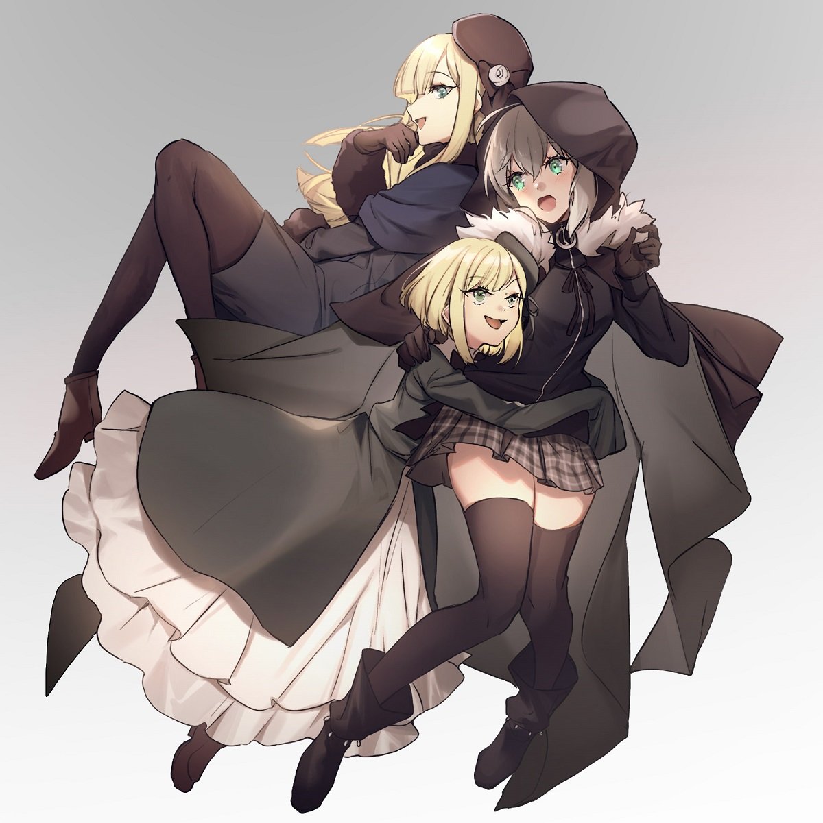 3girls bangs black_gloves blonde_hair blunt_bangs capelet character_request fate_(series) frills gloves gray_(lord_el-melloi_ii) green_eyes grey_background highres hood hooded_jacket jacket long_hair lord_el-melloi_ii_case_files multiple_girls no-kan pantyhose plaid plaid_skirt reines_el-melloi_archisorte short_hair skirt thigh-highs