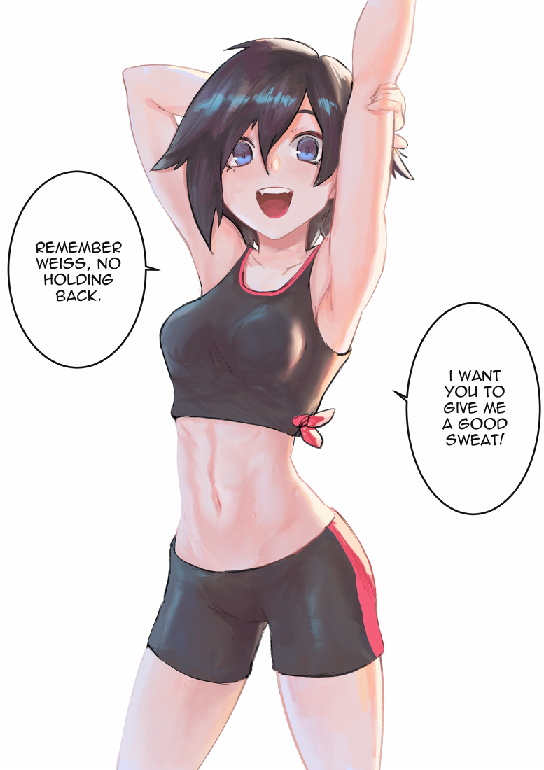 1girl armpits arms_up arqa backlighting bike_shorts black_hair breasts commission cowboy_shot english_text fang grey_eyes looking_at_viewer midriff open_mouth ruby_rose rwby short_hair small_breasts solo sports_bra standing stomach stretch toned