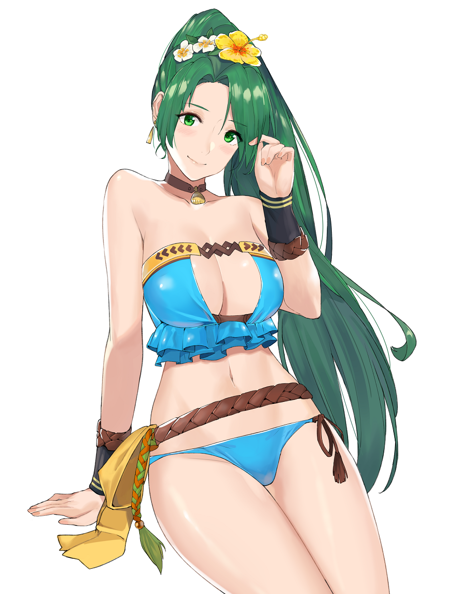 1girl bare_shoulders bikini blue_bikini breasts brown_choker center_opening choker cute earrings fire_emblem fire_emblem:_rekka_no_ken fire_emblem_heroes flower green_eyes green_hair hair_flower hair_ornament highres intelligent_systems invisible_chair j@ck jewelry large_breasts long_hair looking_at_viewer lyn_(fire_emblem) lyndis_(fire_emblem) moe navel nintendo parted_lips ponytail rope sash shimenawa simple_background sitting smile solo strapless strapless_bikini super_smash_bros. swimsuit very_long_hair white_background