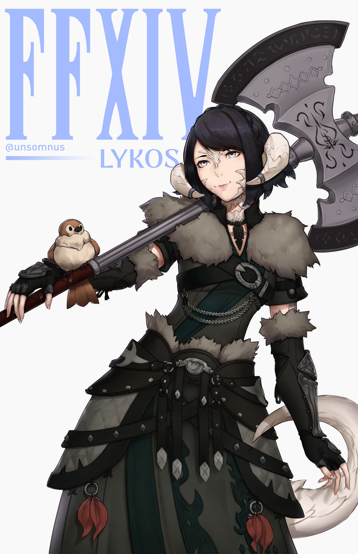 1girl au_ra axe bangs bird black_hair braid commission dragon_horns dragon_tail elbow_gloves final_fantasy final_fantasy_xiv fingerless_gloves french_braid gloves grey_eyes hip_armor holding holding_weapon horns jewelry necklace scales short_hair smile solo swept_bangs tail twitter_username unsomnus weapon white_background