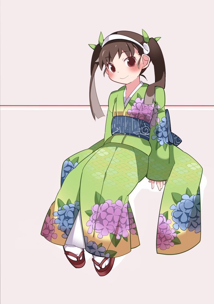 1girl bakemonogatari closed_mouth green_kimono green_ribbon hachikuji_mayoi hair_ribbon hairband hammer_(sunset_beach) japanese_clothes kimono long_hair monogatari_(series) ribbon sandals smile socks solo tabi twintails