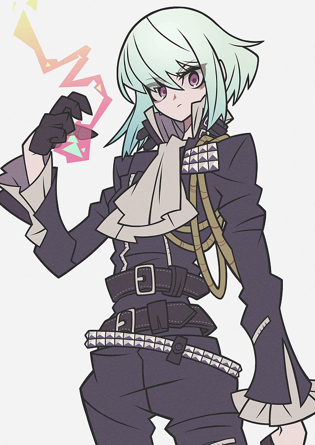 belt biker_clothes black_gloves black_jacket closed_mouth cravat fire frilled_shirt_collar frilled_sleeves frills gloves green_hair half_gloves jacket lio_fotia looking_at_viewer maikeru_(dk_maikel) male_focus multiple_belts promare violet_eyes