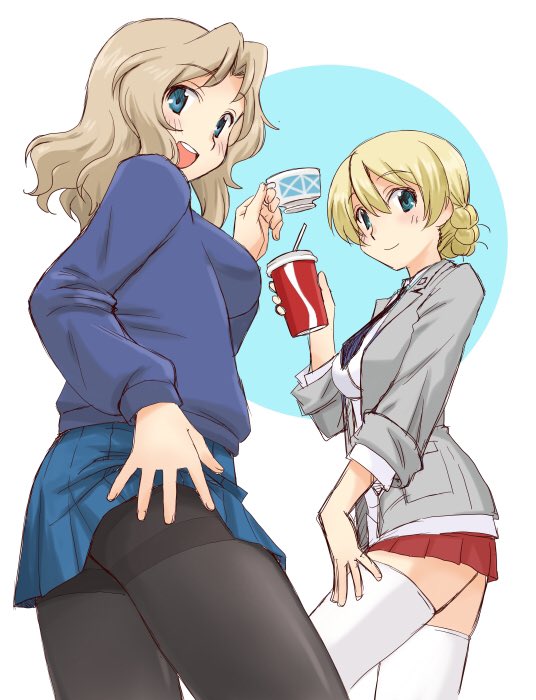 bangs black_legwear black_neckwear blazer blonde_hair blouse blue_eyes blue_skirt blue_sweater braid closed_mouth collared_blouse commentary_request cosplay costume_switch cup darjeeling disposable_cup dress_shirt drinking_straw eyebrows_visible_through_hair from_side girls_und_panzer grey_jacket hair_intakes hand_on_hip hand_on_own_thigh holding holding_cup jacket kay_(girls_und_panzer) lifted_by_self light_blush long_hair long_sleeves looking_at_viewer looking_back miniskirt necktie open_clothes open_jacket open_mouth pantyhose pleated_skirt red_skirt saunders_school_uniform school_uniform shirt short_hair skirt skirt_lift sleeves_rolled_up smile st._gloriana's_school_uniform standing sweater teacup thigh-highs tied_hair uona_telepin v-neck white_blouse white_legwear white_shirt