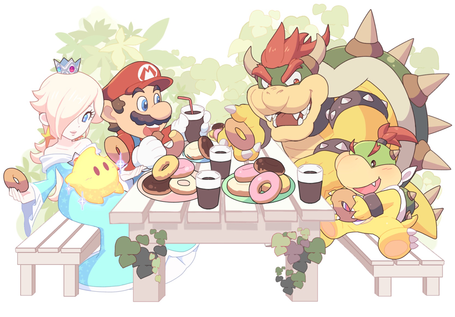 1girl 1other 3boys bench blonde_hair blue_dress bowser bowser_jr. brown_hair chiko_(mario) coffee crown doughnut dragon drink eating father_and_son hosinoirie human ivy luma mario monster mustache nintendo nintendo_ead plants plate plumber princess red_hair rosalina_(mario) rosetta_(mario) sitting star super_mario_bros. super_mario_galaxy table turtle