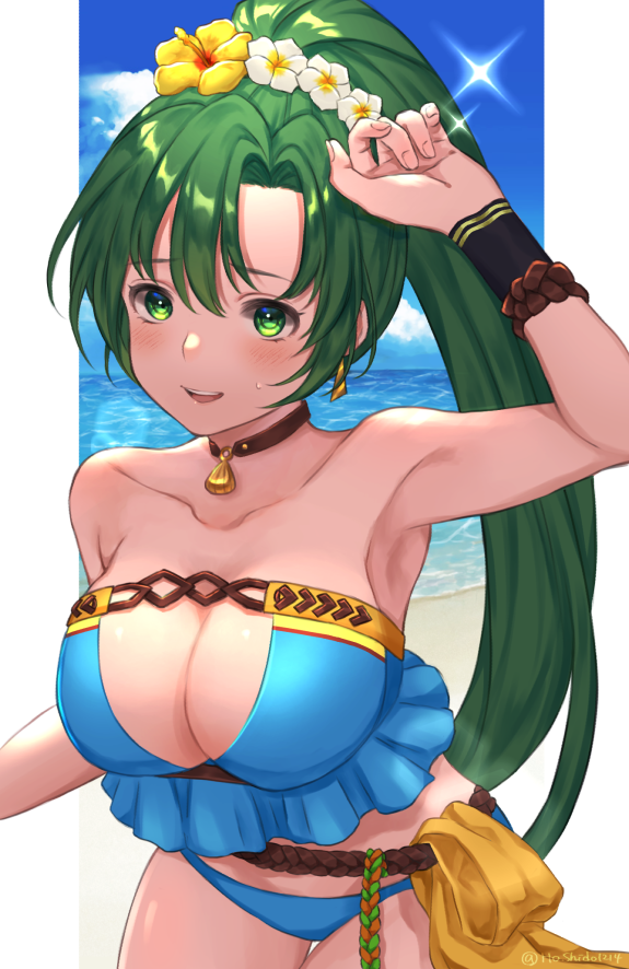 1girl bikini blush breasts fire_emblem fire_emblem:_the_blazing_blade fire_emblem_heroes green_eyes green_hair hair_ornament hoshido1214 long_hair looking_at_viewer lyn_(fire_emblem) open_mouth ponytail smile solo swimsuit