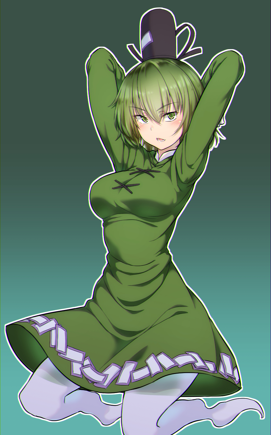 1girl aqua_background arms_behind_head arms_up bangs black_headwear blush breasts commentary_request dress eyebrows_visible_through_hair ghost_tail gradient gradient_background green_dress green_eyes green_hair hair_between_eyes hat highres kakone large_breasts looking_at_viewer ofuda open_mouth outline short_hair soga_no_tojiko solo tate_eboshi touhou white_outline