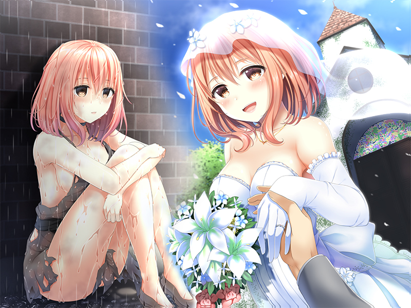 1girl blue_sky blush bouquet breasts brown_eyes brown_footwear brown_hair building dress elbow_gloves flower gloves hands jewelry kinako_yukimochi leg_hug long_sleeves looking_at_viewer male_hand medium_breasts moto_dorei_shoujo_rosalie multiple_views official_art rags ring rosalie_(moto_dorei_shoujo_rosalie) sitting sky veil wedding_dress white_dress white_gloves yukimochi_kinako