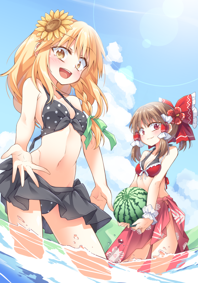 2girls :d bangs bare_arms bare_shoulders bikini bikini_skirt black_bikini black_skirt blonde_hair blue_sky blush bow braid breasts brown_hair clouds commentary_request cowboy_shot day eyebrows_visible_through_hair floral_print flower food frilled_bow frills front-tie_bikini front-tie_top fruit green_ribbon hair_bow hair_flower hair_ornament hair_ribbon hair_tubes hakurei_reimu hibiscus holding holding_food holding_fruit ina_(inadahime) kirisame_marisa lens_flare long_hair looking_at_viewer miniskirt multiple_girls navel no_hat no_headwear open_mouth outdoors pleated_skirt polka_dot polka_dot_bikini ponytail red_bikini red_bow red_eyes red_flower ribbon sarong short_hair sidelocks single_braid skirt sky small_breasts smile standing stomach sunflower swimsuit thighs touhou wading water water_drop watermelon wrist_cuffs yellow_eyes