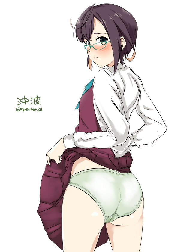 1girl ass bangs blue-framed_eyewear blush brown_hair character_name closed_mouth commentary cowboy_shot crotch_seam dosaken dress dress_lift eyebrows_visible_through_hair from_behind frown glasses green_eyes kantai_collection lifted_by_self long_sleeves looking_at_viewer looking_back okinami_(kantai_collection) panties pleated_dress purple_dress school_uniform shirt short_dress short_hair simple_background solo standing twitter_username underwear white_background white_panties white_shirt