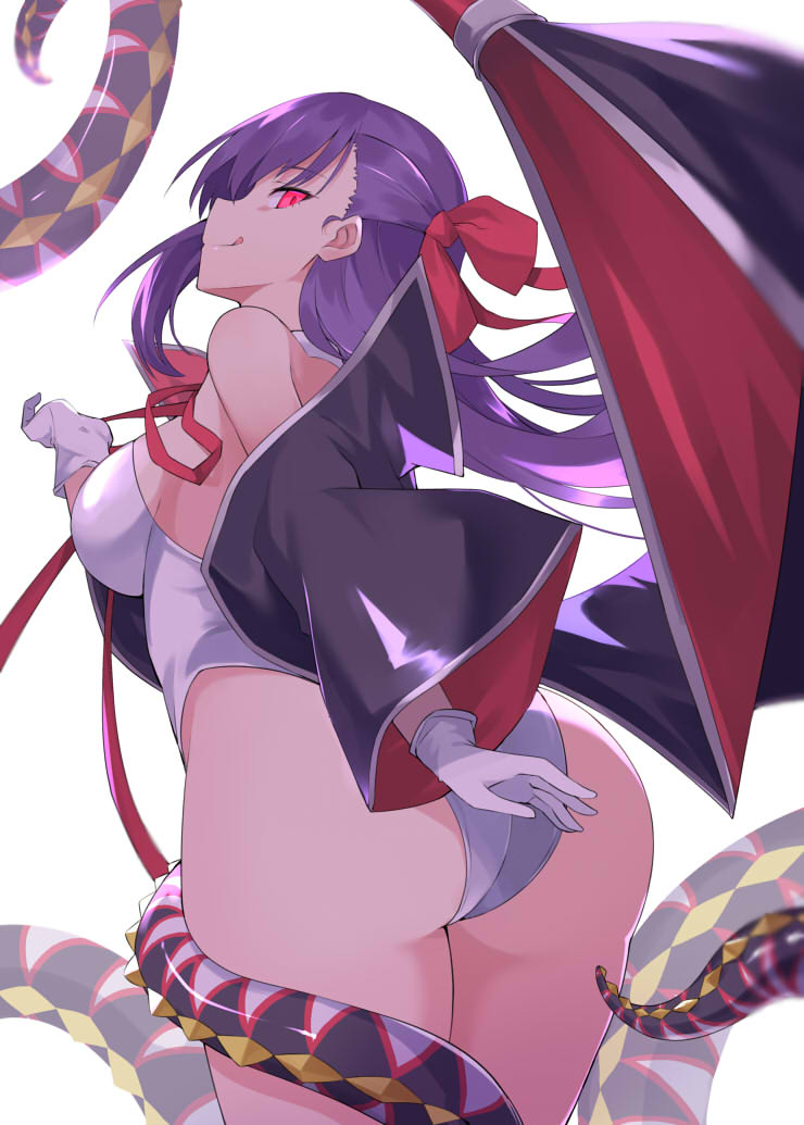 100 1girl ass bb_(fate)_(all) bb_(swimsuit_mooncancer)_(fate) bow breasts fate/grand_order fate_(series) from_behind gloves hair_bow large_breasts leotard long_hair purple_hair red_eyes tentacles tongue tongue_out white_background white_gloves wide_sleeves