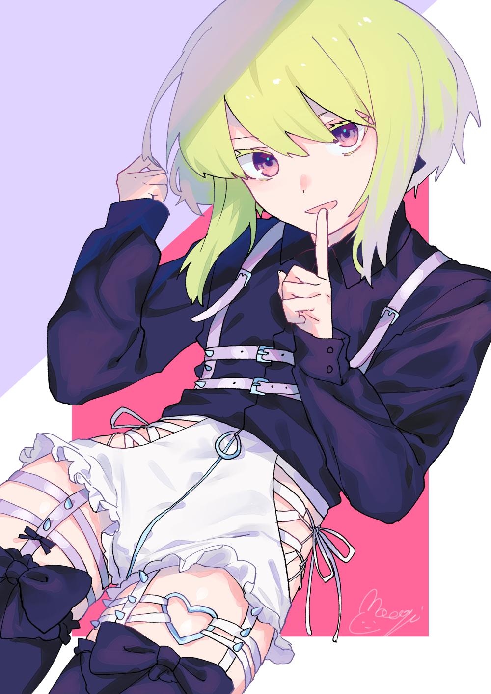 1boy belt blonde_hair blush earrings gloves green_hair hair_ornament half_gloves heart highres jacket jewelry lio_fotia looking_at_viewer male_focus moegi0926 open_mouth otoko_no_ko promare short_hair shorts simple_background smile solo thigh-highs violet_eyes