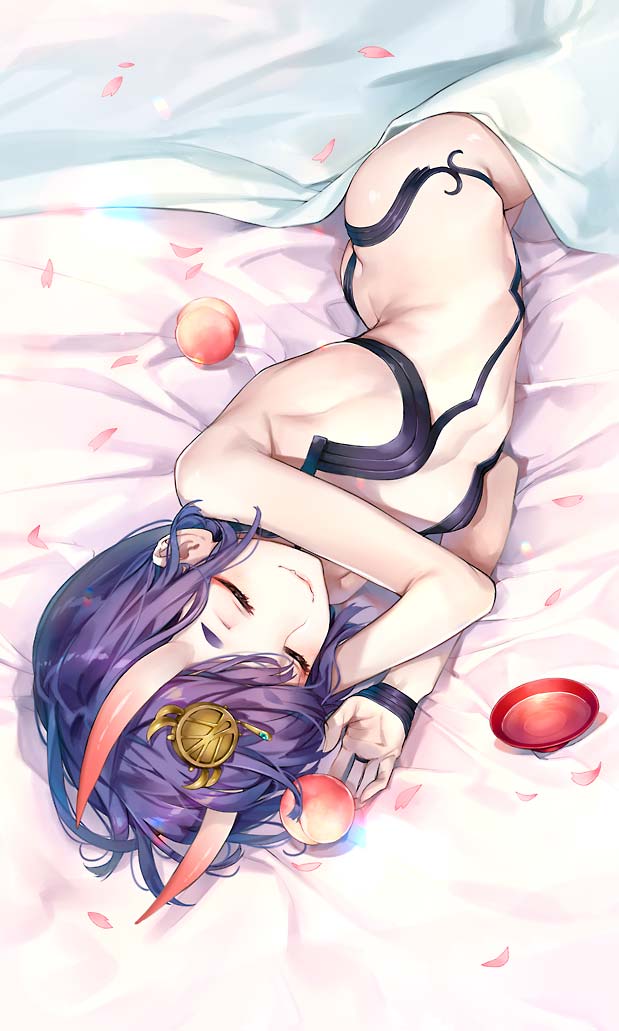 1girl bangs bare_shoulders bed_sheet blush bob_cut breasts butt_crack closed_eyes commentary cup eyeliner fate/grand_order fate_(series) food fruit hair_ornament horns kaguyuzu lying makeup on_side oni oni_horns peach purple_hair sakazuki short_eyebrows short_hair shuten_douji_(fate/grand_order) signature sleeping small_breasts smile solo violet_eyes