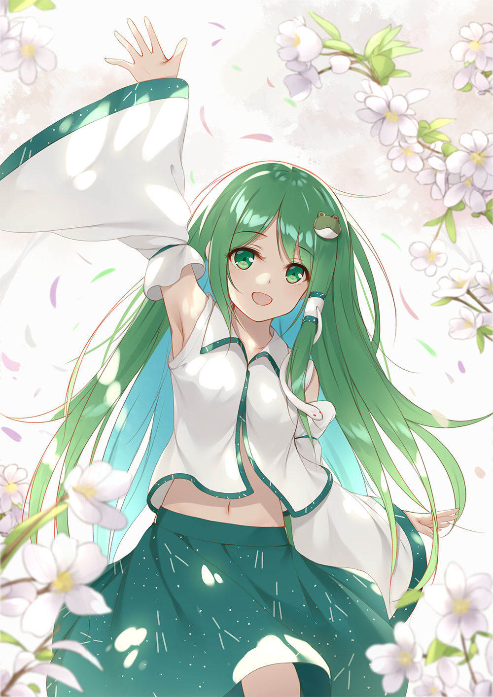 1girl :d arm_up armpits commentary detached_sleeves eyebrows_visible_through_hair flan_(seeyouflan) flower frog_hair_ornament green_eyes green_hair green_skirt hair_ornament hair_tubes highres kochiya_sanae long_hair looking_at_viewer midriff_peek navel open_mouth petals shirt skirt smile snake_hair_ornament solo touhou very_long_hair waving white_shirt wide_sleeves wing_collar