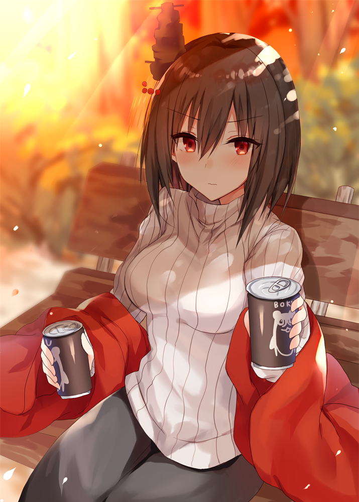 1girl bangs bench black_pants blurry blurry_background blush bokukawauso brown_hair can closed_mouth commentary_request day depth_of_field eyebrows_visible_through_hair hair_between_eyes hair_ornament holding holding_can kantai_collection kinona long_sleeves looking_at_viewer on_bench outdoors pants park_bench red_eyes ribbed_sweater sidelocks sitting solo sweater v-shaped_eyebrows white_sweater yamashiro_(kantai_collection)