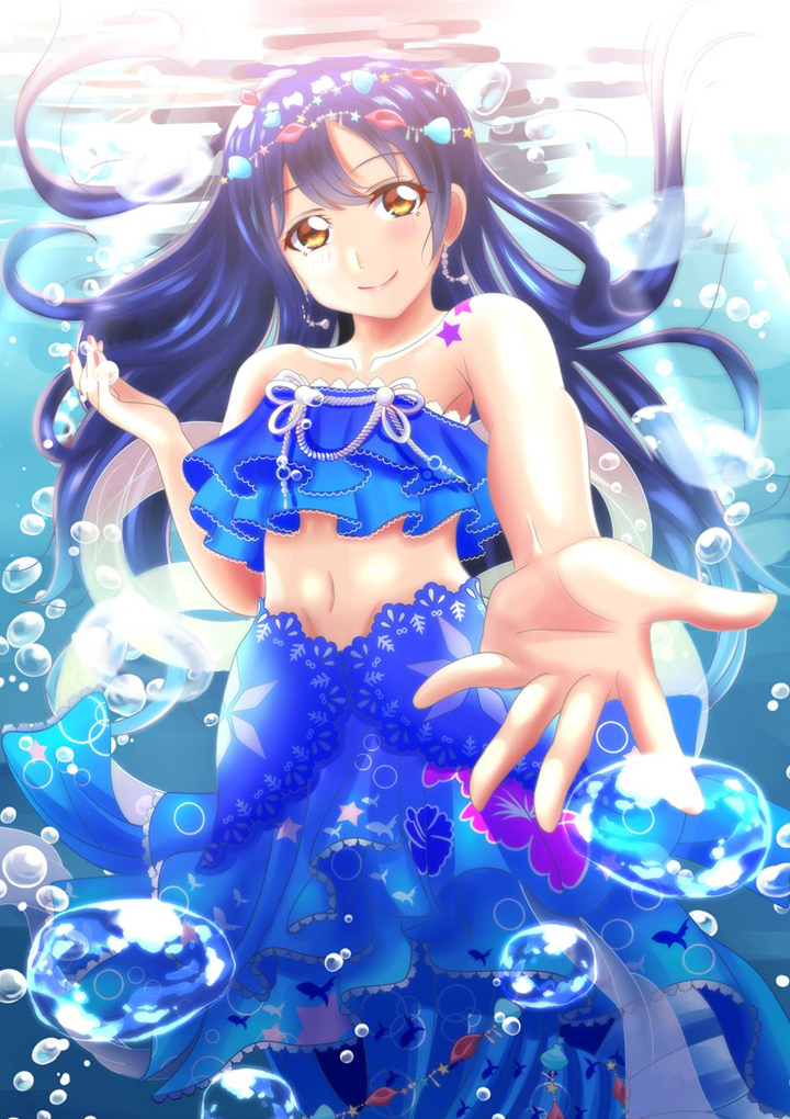 1girl bangs blue_hair blush bubble closed_mouth collarbone commentary_request do10nn dress earrings eyebrows_visible_through_hair hair_between_eyes hair_ornament jewelry long_hair looking_at_viewer love_live! love_live!_school_idol_festival love_live!_school_idol_project mermaid monster_girl navel outstretched_arm reaching smile solo sonoda_umi underwater water yellow_eyes