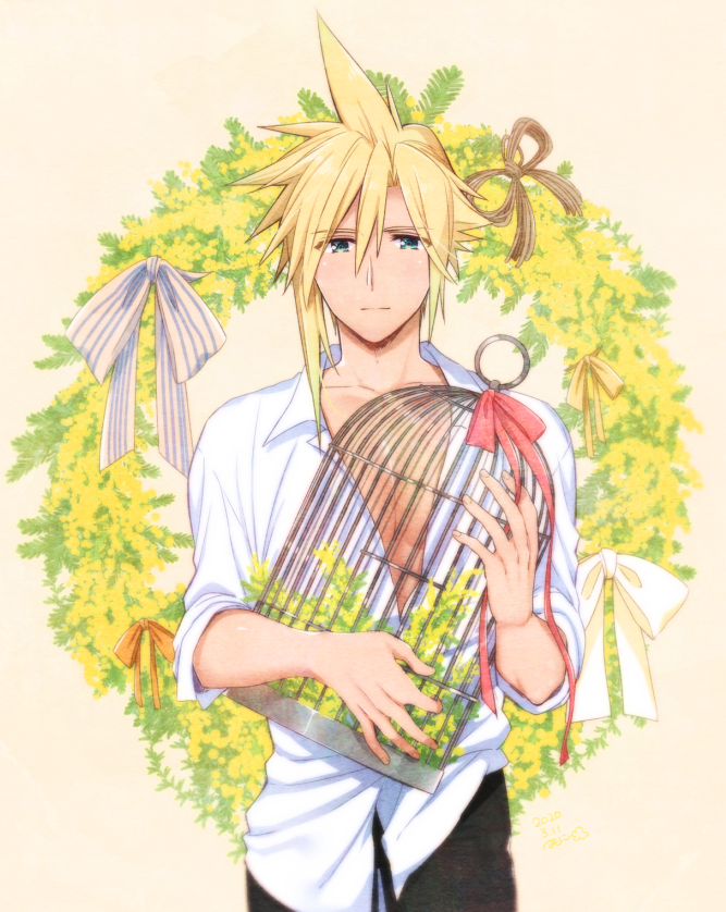 1boy bangs birdcage black_pants blonde_hair blue_eyes bow cage closed_mouth cloud_strife collarbone cowboy_shot dress_shirt final_fantasy final_fantasy_vii hair_between_eyes holding holding_cage krudears looking_at_viewer male_focus medium_hair open_clothes open_shirt pants pink_ribbon ribbon shirt sleeves_rolled_up solo spiky_hair standing striped striped_bow white_background white_bow white_shirt