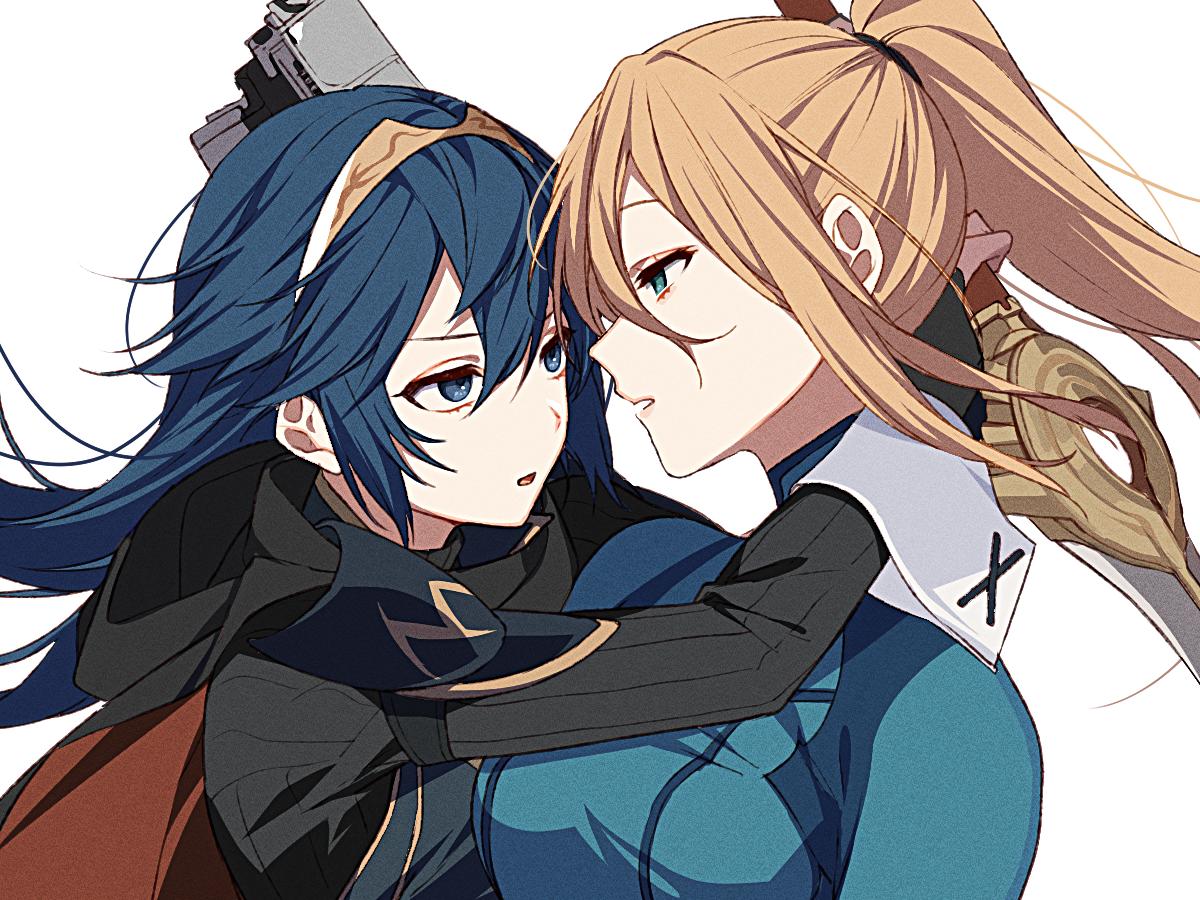 2girls adult armor blonde_hair blue_bodysuit blue_eyes blue_hair blush bodysuit breasts cape falchion_(fire_emblem) fire_emblem fire_emblem:_kakusei fire_emblem_awakening fire_emblem_heroes gloves gun hair_between_eyes hair_ornament handgun high_ponytail hug impossible_bodysuit impossible_clothes intelligent_systems long_hair lucina metroid mole mole_under_mouth multiple_girls nintendo nintendo_ead ponytail retro_studios ryon_(ryonhei) samus_aran shiny shiny_clothes simple_background skin_tight sora_(company) super_smash_bros. super_smash_bros._ultimate super_smash_bros_brawl super_smash_bros_legacy_xp sword teenage tiara weapon yuri zero_suit