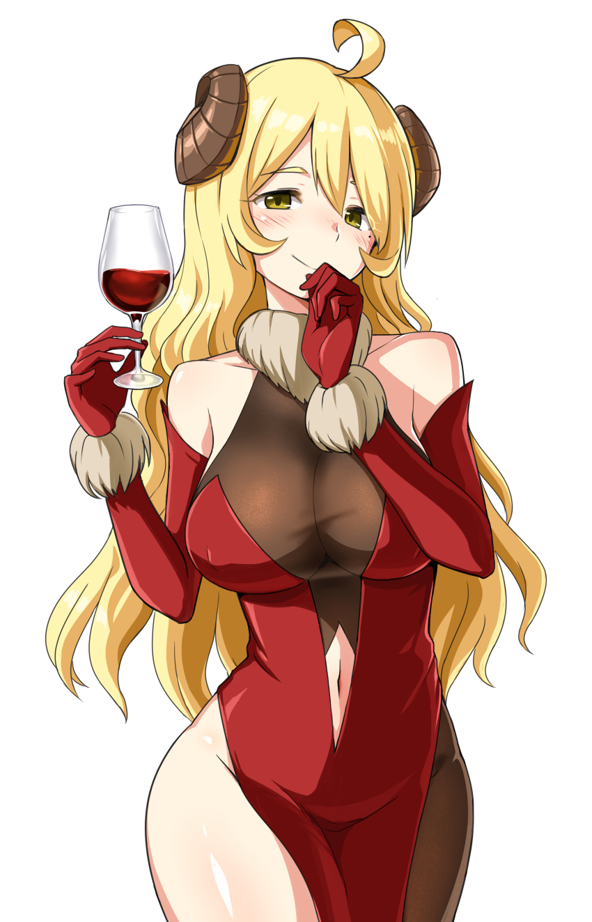 1girl ahoge bangs bare_shoulders blush breasts character_request collarbone commentary_request copyright_request cup dress drinking_glass elbow_gloves gloves green_eyes hair_between_eyes highres horns large_breasts looking_at_viewer navel red_dress red_gloves red_wine simple_background smile solo white_background wine_glass zaxwu