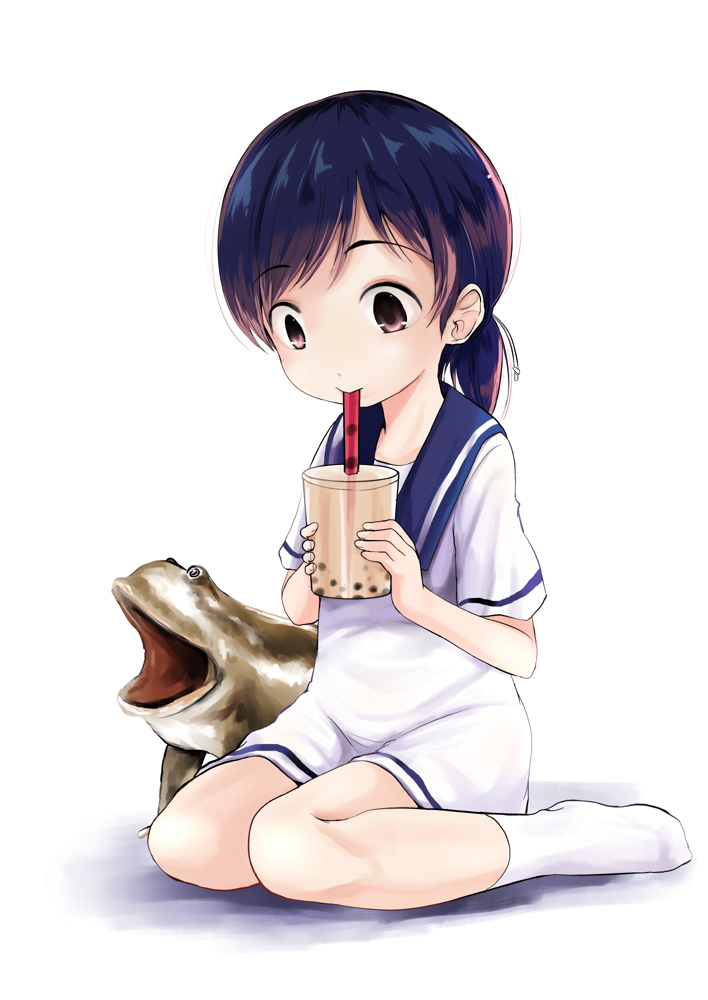 1girl animal bangs black_hair blue_sailor_collar brown_eyes bubble_tea cup disposable_cup dress drinking_straw eyebrows_visible_through_hair frog full_body hiburi_(kantai_collection) kantai_collection kurona long_hair low_ponytail no_shoes sailor_collar sailor_dress shadow short_sleeves simple_background sitting socks wariza white_background white_dress white_legwear