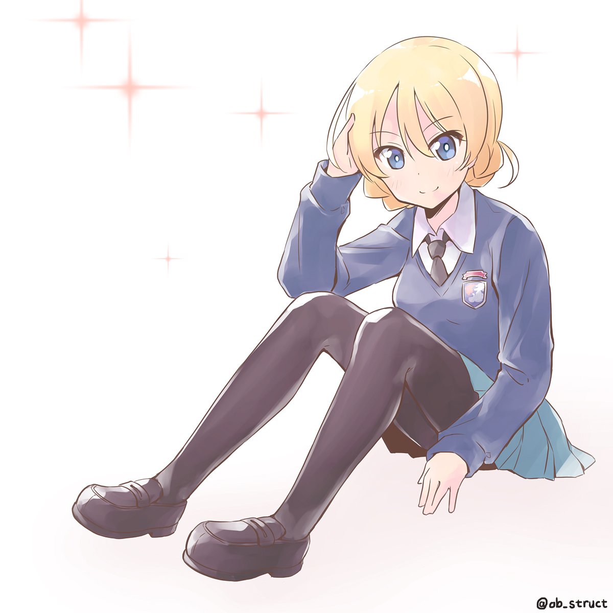 1girl bangs black_footwear black_legwear black_neckwear blonde_hair blue_eyes blue_skirt blue_sweater braid closed_mouth commentary darjeeling dress_shirt emblem eyebrows_visible_through_hair full_body girls_und_panzer hand_on_own_head highres light_blush loafers long_sleeves looking_at_viewer miniskirt necktie pantyhose pleated_skirt school_uniform shirt shoes short_hair sitting skirt smile solo st._gloriana's_(emblem) st._gloriana's_school_uniform sweater tied_hair twin_braids twitter_username v-neck vri_(tinder_box) white_background white_shirt wing_collar