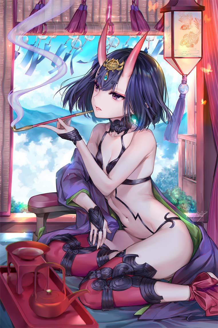 1girl alcohol ankle_ribbon bangs bare_shoulders bob_cut breasts bridal_gauntlets collarbone cup eyeliner fate/grand_order fate_(series) headpiece horns japanese_clothes kaguyuzu kettle kimono lantern makeup navel off_shoulder oni oni_horns open_clothes open_kimono open_mouth pipe purple_hair purple_kimono revealing_clothes ribbon sakazuki sake short_eyebrows short_hair shuten_douji_(fate/grand_order) small_breasts smoke smoking solo thighs violet_eyes wide_sleeves wind_chime