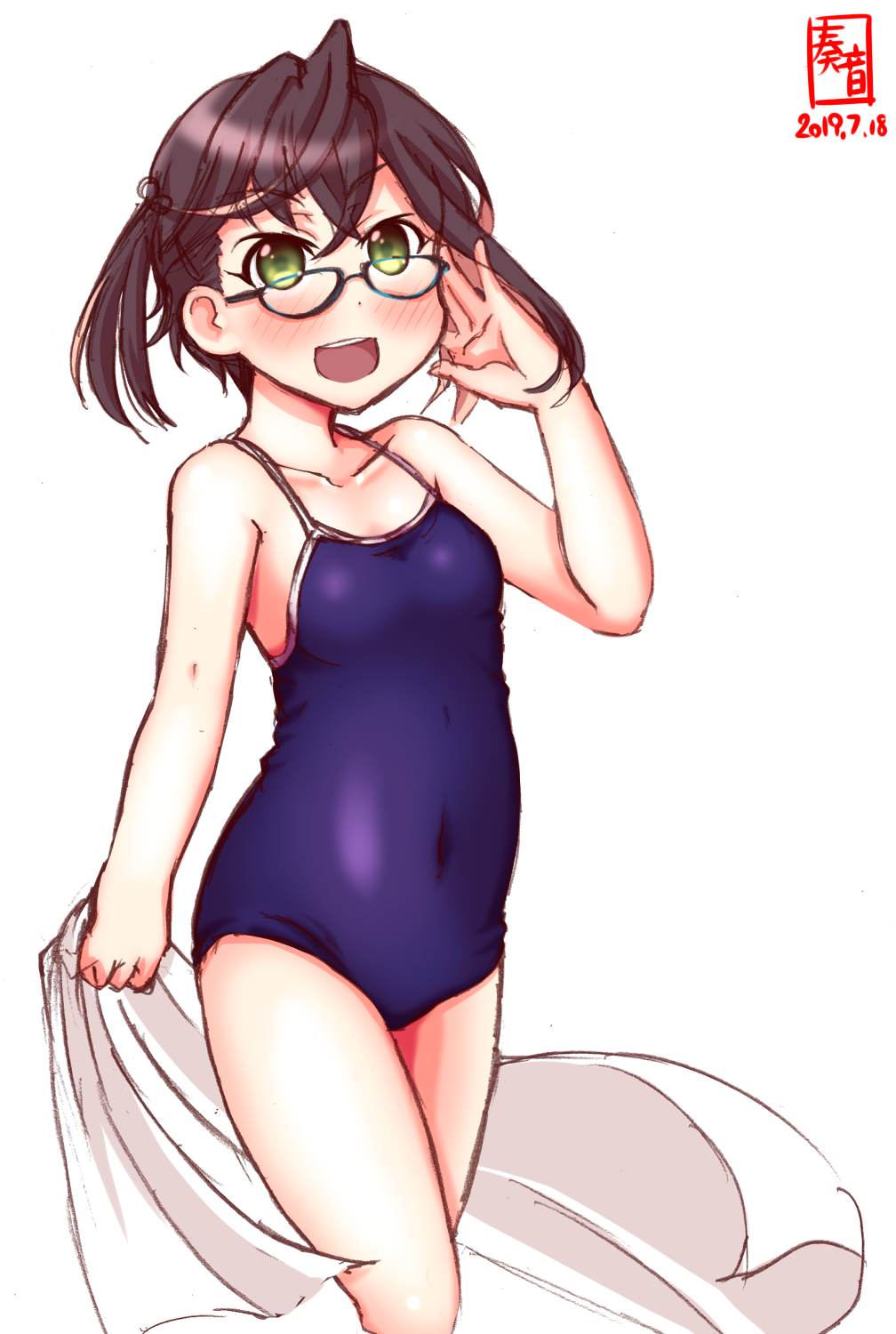 1girl adjusting_eyewear alternate_costume artist_logo black_hair blue_swimsuit collarbone commentary_request competition_school_swimsuit covered_navel dated flat_chest glasses green_eyes highres kanon_(kurogane_knights) kantai_collection looking_at_viewer multicolored_hair okinami_(kantai_collection) open_mouth pink_hair round_teeth salute school_swimsuit short_hair simple_background smile solo swimsuit teeth towel upper_teeth white_background white_towel