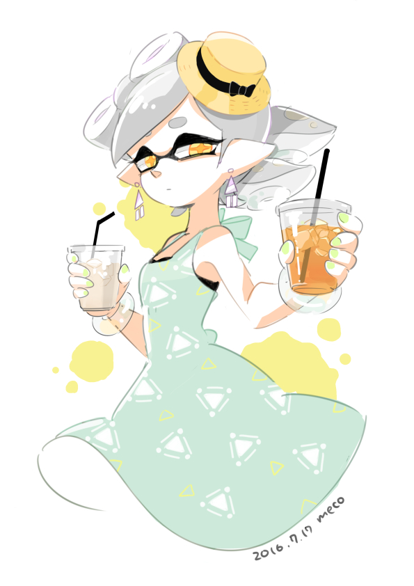 +_+ 1girl artist_name bangs black_border border bow brown_headwear closed_mouth commentary cowboy_shot cup dated disposable_cup domino_mask dress drinking_straw earrings green_dress grey_hair half-closed_eyes hat hat_bow holding holding_cup hotaru_(splatoon) iced_tea jewelry light_frown looking_at_viewer mask meco medium_dress mini_hat mole mole_under_eye no_legs offering pointy_ears porkpie_hat print_dress short_hair signature simple_background sleeveless sleeveless_dress solo splatoon_(series) standing straw_hat swept_bangs tentacle_hair white_background