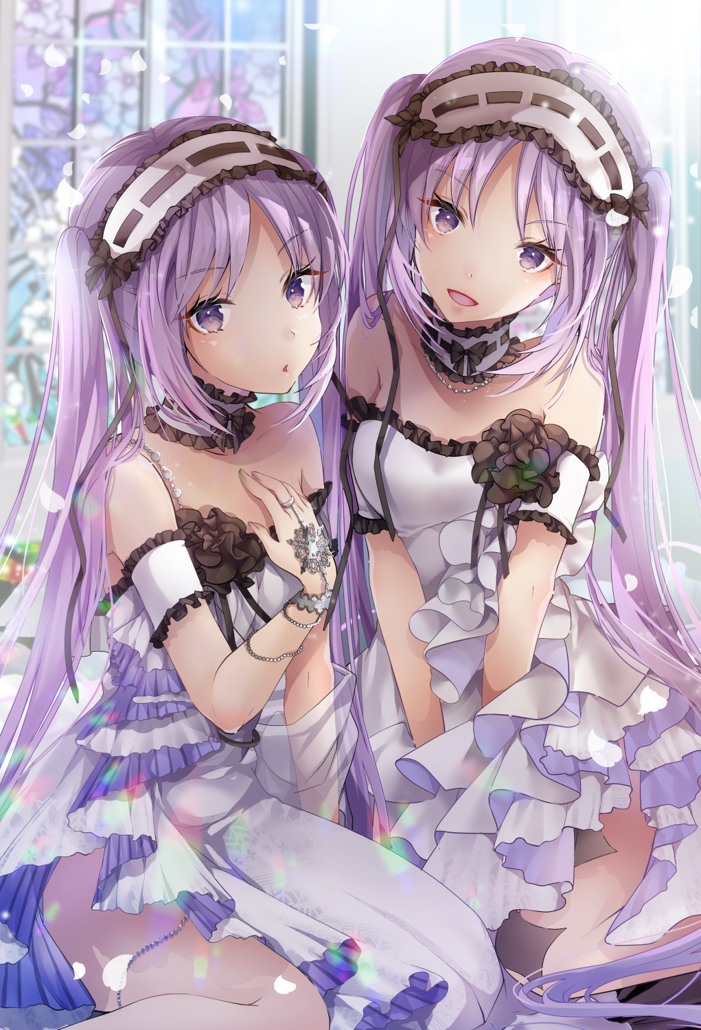 2girls akatsuki_hijiri bangs bare_shoulders blush breasts choker commentary_request dress euryale eyebrows_visible_through_hair fate/grand_order fate/hollow_ataraxia fate_(series) frilled_dress frills hairband hand_on_own_chest head_tilt headdress highres jewelry lolita_hairband long_hair looking_at_viewer multiple_girls open_mouth parted_bangs purple_hair revision ribbon siblings sisters sitting smile stheno strapless twins twintails very_long_hair violet_eyes white_dress