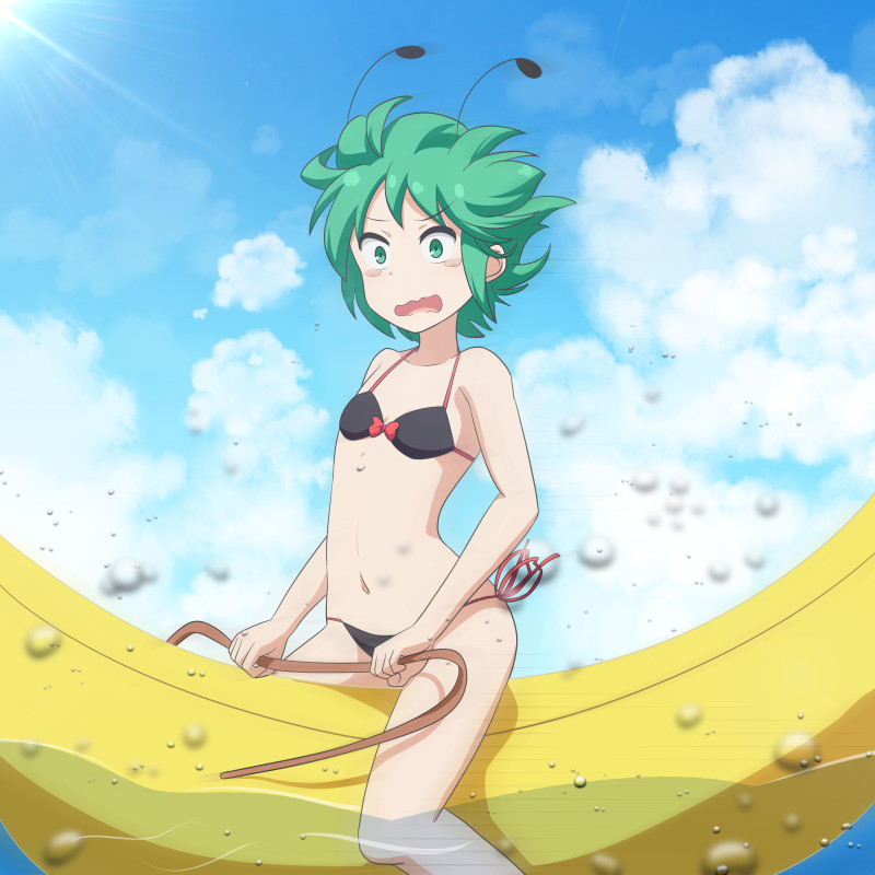 1girl antennae banana_boat bare_arms bare_legs bare_shoulders bikini black_bikini blue_sky bow cato_(monocatienus) clouds commentary day eyebrows_visible_through_hair feet_out_of_frame flat_chest green_eyes green_hair light_rays navel open_mouth outdoors red_bow short_hair side-tie_bikini sky solo stomach straddling swimsuit tears thighs touhou water wavy_mouth wriggle_nightbug