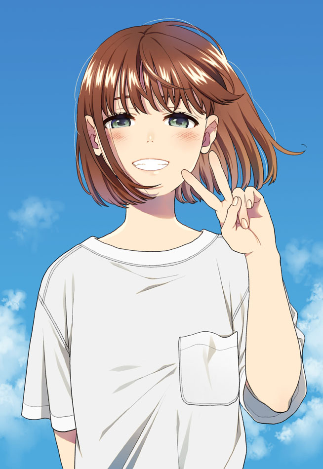 1girl bangs blue_sky blush breast_pocket brown_hair clouds day eyebrows_behind_hair fingernails green_eyes grin half-closed_eyes hand_up mattaku_mousuke original outdoors pocket shirt short_hair short_sleeves sky smile solo v white_shirt