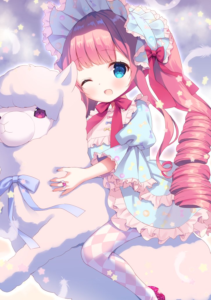 1girl ;d alpaca animal argyle argyle_legwear bangs blue_dress blue_eyes blue_headwear blush bonnet bow chitosezaka_suzu commentary_request dress drill_hair eyebrows_visible_through_hair feathers frilled_dress frills jewelry juliet_sleeves long_hair long_sleeves one_eye_closed open_mouth original pantyhose print_dress puffy_sleeves red_bow red_eyes redhead riding ring sidelocks smile solo star twin_drills twintails very_long_hair wide_sleeves