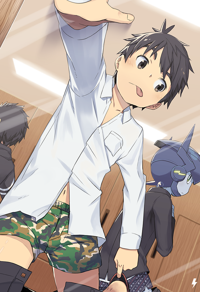 2boys :p adolescence_mechanix black_hair blush boxers brown_eyes camouflage gakuran green_eyes male_focus mirror multiple_boys nix_(adolescence_mechanix) ooji_shousuke robot school_uniform shirt tongue tongue_out underwear white_shirt yuushitessen