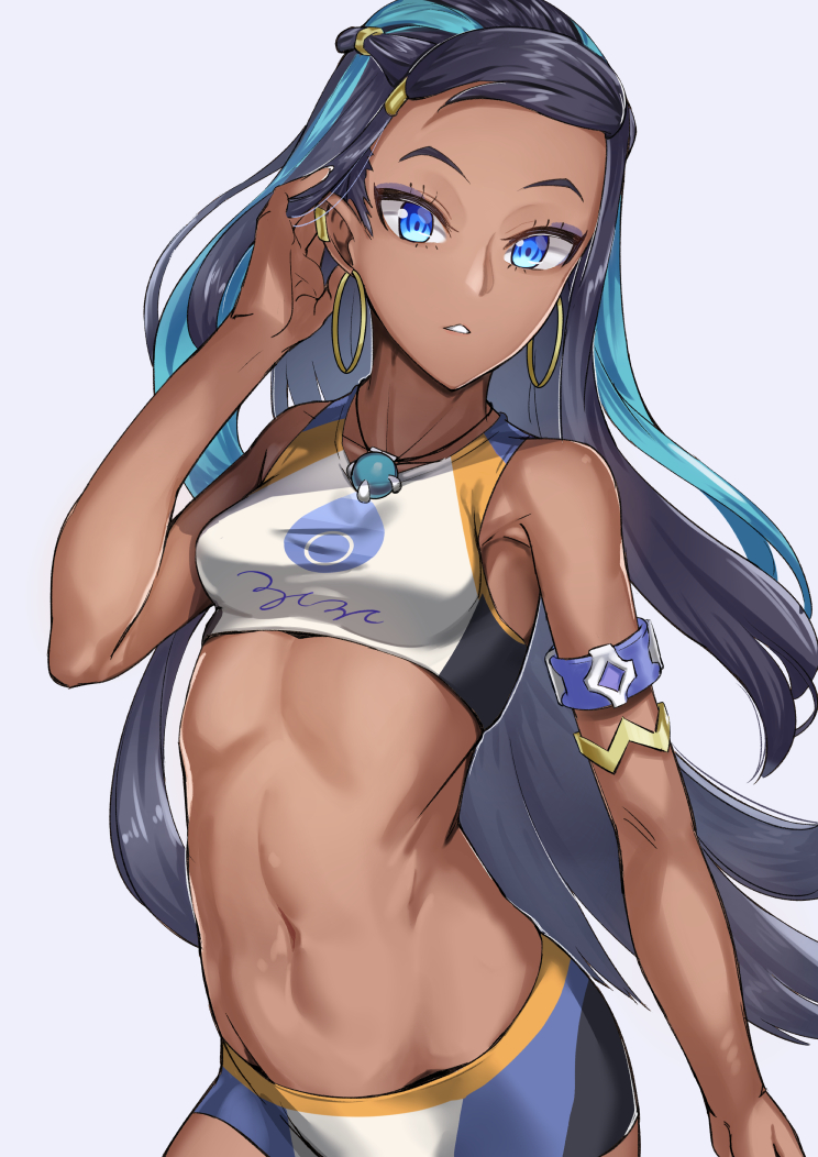 1girl armlet black_hair blue_eyes blue_hair collarbone dark_skin earrings groin hand_in_hair hank10111213 highlights jewelry looking_at_viewer multicolored_hair navel necklace o-ring parted_lips pokemon pokemon_(game) pokemon_swsh rurina_(pokemon) simple_background solo sports_bikini standing two-tone_hair white_background