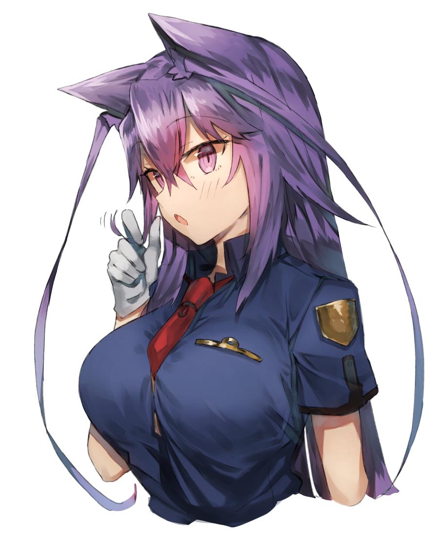 1girl animal_ear_fluff animal_ears badge bangs blue_shirt breasts commentary_request cropped_torso eyebrows_visible_through_hair hair_between_eyes hand_up kasuka_(kusuki) large_breasts long_hair necktie open_mouth original purple_hair red_neckwear shirt simple_background solo upper_body violet_eyes white_background white_shirt wolf_ears