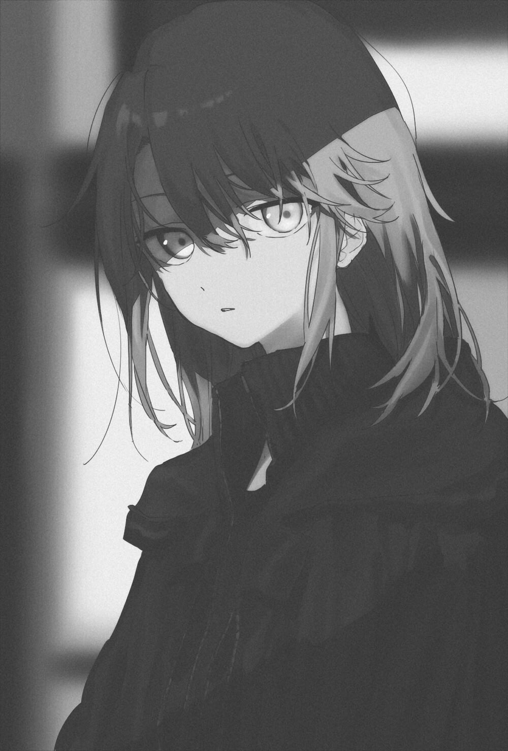 1girl bangs blurry blurry_background commentary ears_visible_through_hair greyscale highres idolmaster idolmaster_cinderella_girls jacket light_oooo long_hair looking_at_viewer looking_to_the_side monochrome open_clothes open_jacket portrait shade solo upper_body yuuki_haru